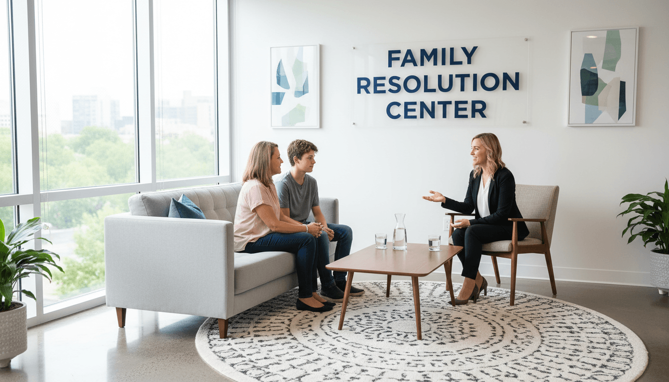 Parent and child talking calmly with a mediator in a bright modern office