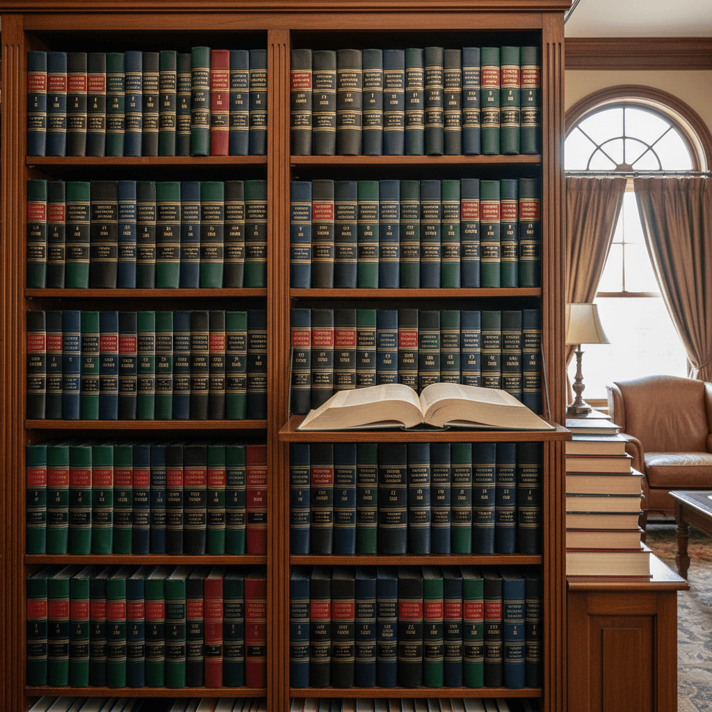 Law books on a shelf in a legal library