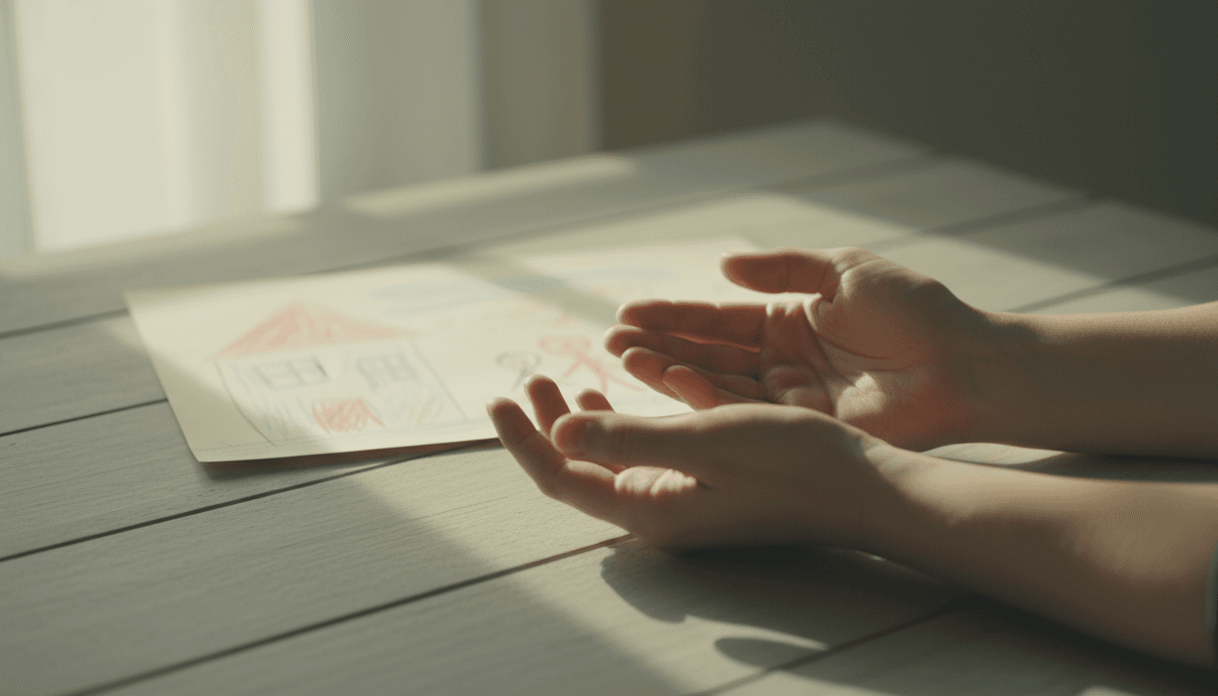 A pair of calm, open hands resting on a wooden table with a soft blurred child's drawing in the background