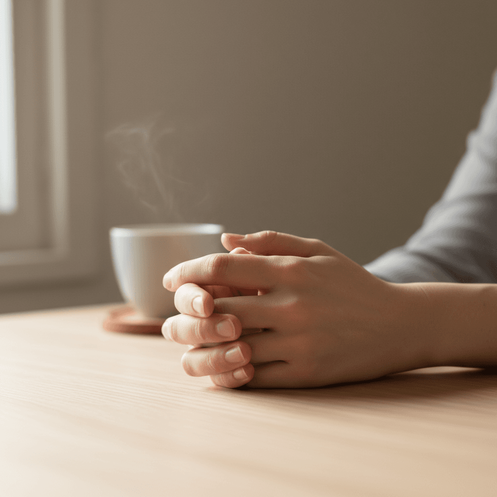 Person resting hands on table in calm moment