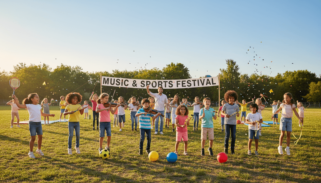 Children participating in music and sports extracurricular activities joyful atmosphere