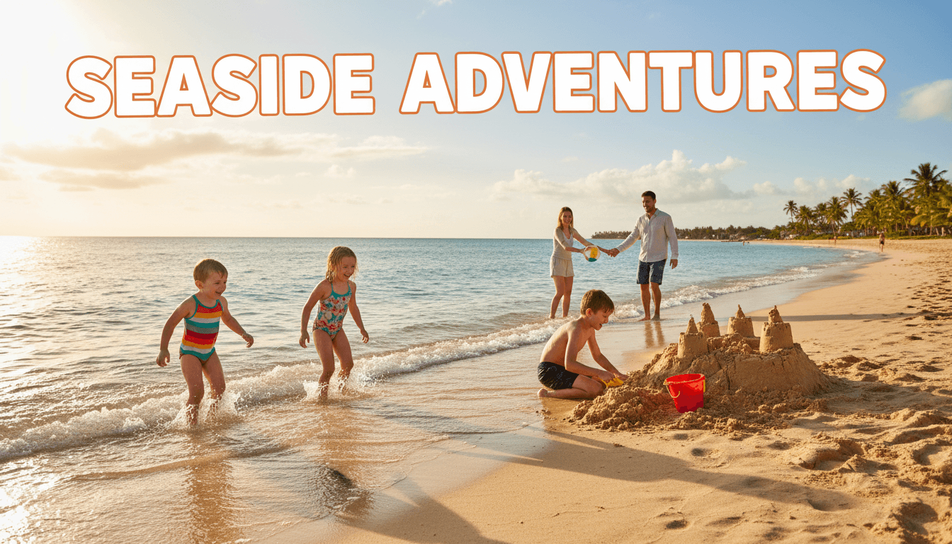 Children running and playing on a bright sunny beach with warm golden light