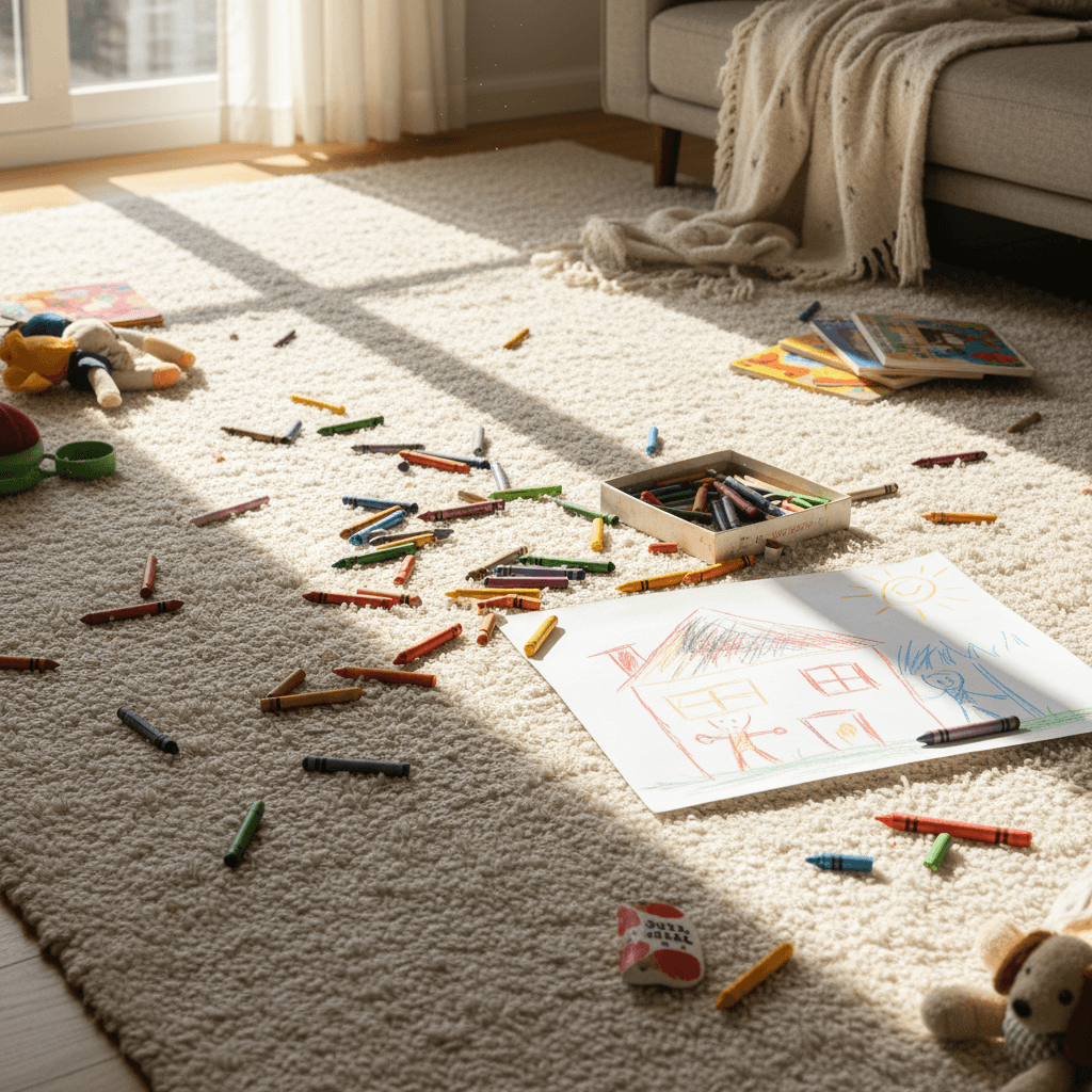 Living room floor with crayons and drawing