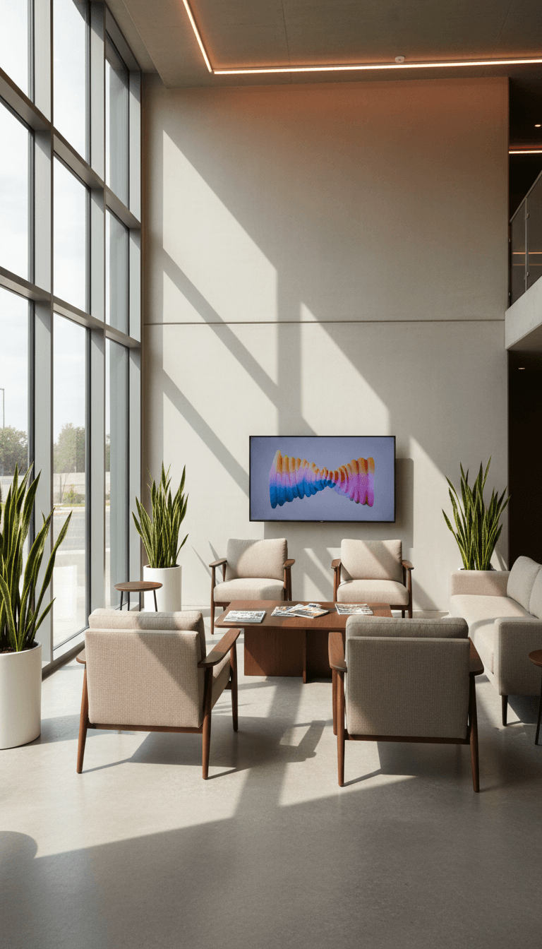 Modern lounge area with comfortable seating, television, natural lighting, and plants
