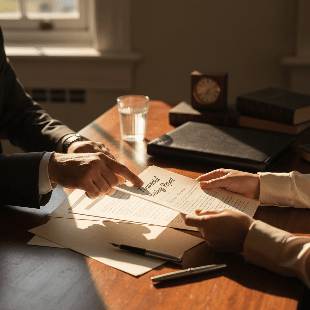 Client and advisor's hands reviewing financial documents on mahogany desk during confidential wealth management consultation