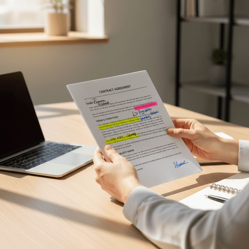 Person's hands carefully reading highlighted legal document at desk with notepad and laptop in background