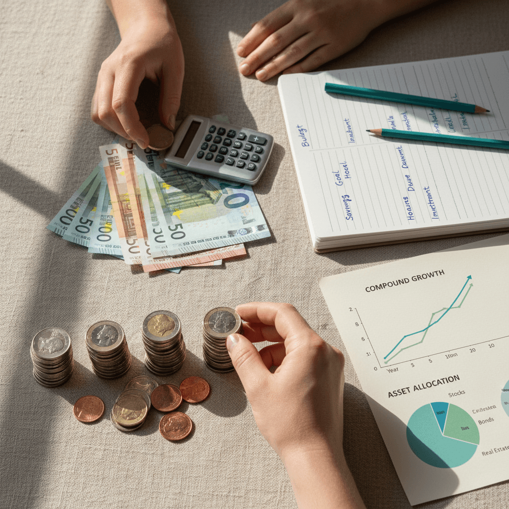 Extreme close-up of coins, currency, calculator, and financial education charts arranged on linen surface with natural lighting