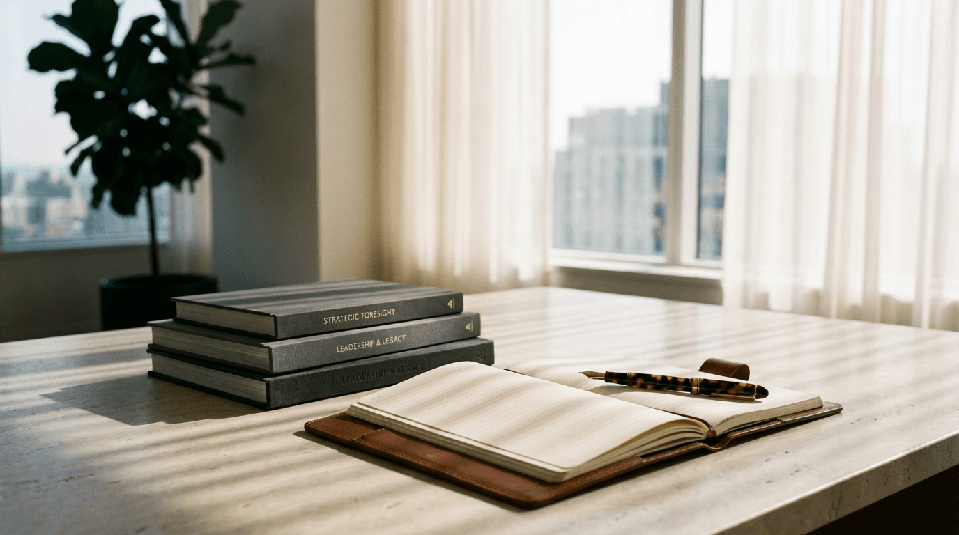 Minimalist desk with open notebook, fountain pen, and books in window light with moving shadow patterns from panes.