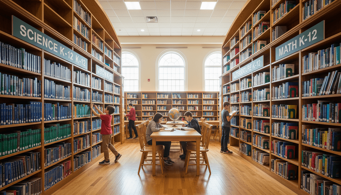 Expansive library shelves filled with organized textbooks and reference materials with students browsing in background