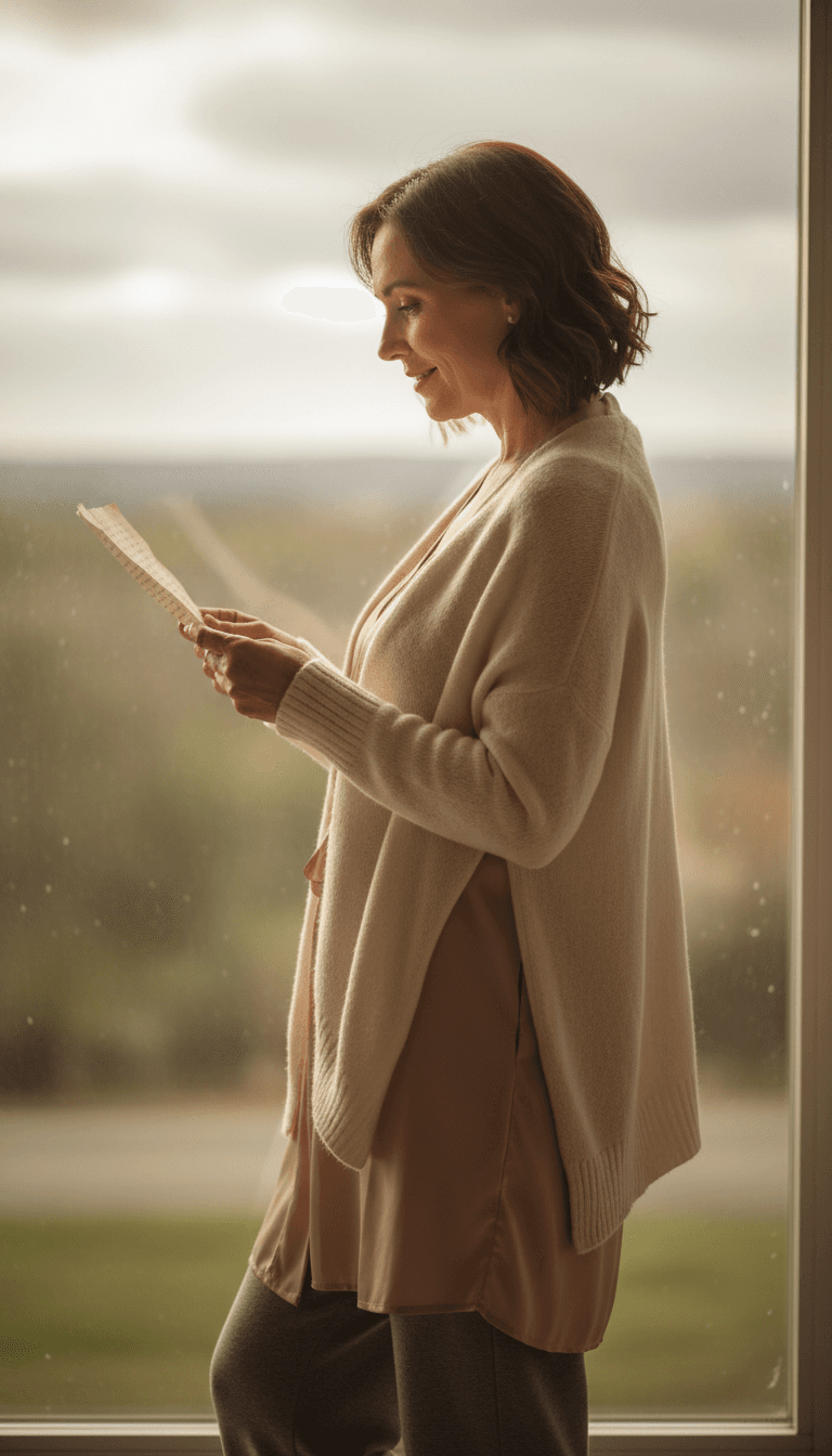 Figure standing by window in soft light, reading letter with expression of emotional anticipation and engagement