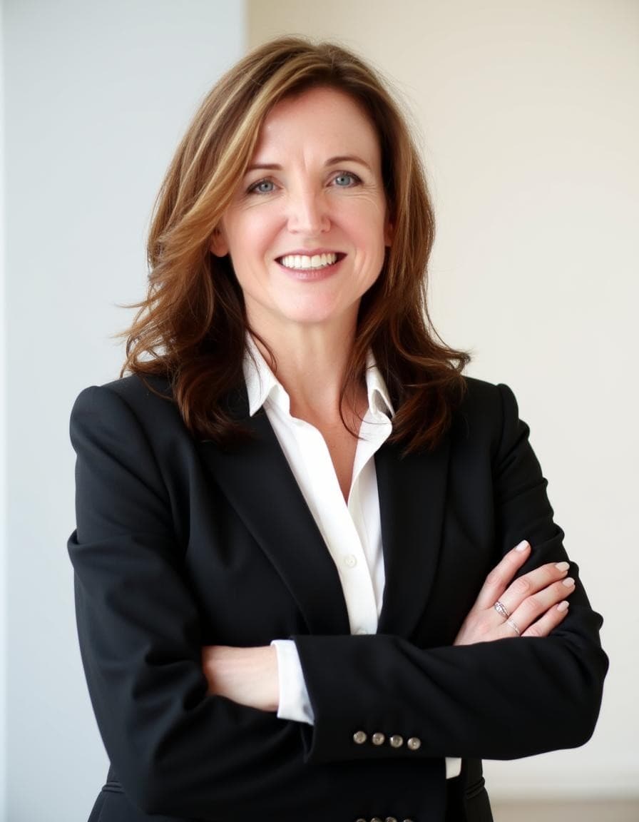 Smiling woman with reddish-brown hair wearing a black blazer and white shirt, arms crossed.